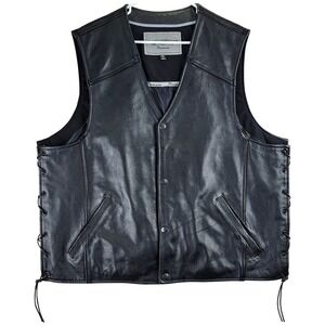 Unik Premium Leather Biker Vest‎ Mens 2XL Black Side Lace Snap Front Motorcycle
